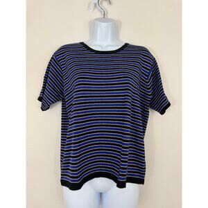 Vintage Norton Studio Blue Black Stripe Knit Top Size Large Hong Kong Retro 90s